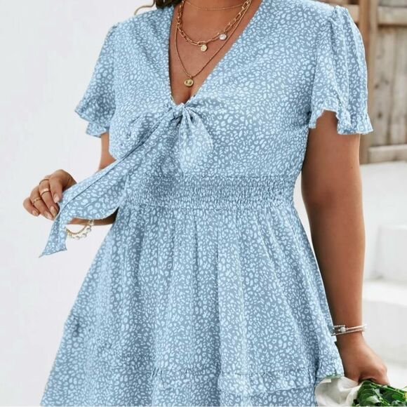 Plus Size Ditsy Floral Print Frill Trim Shirred A Line Dress - Picture 3 of 11